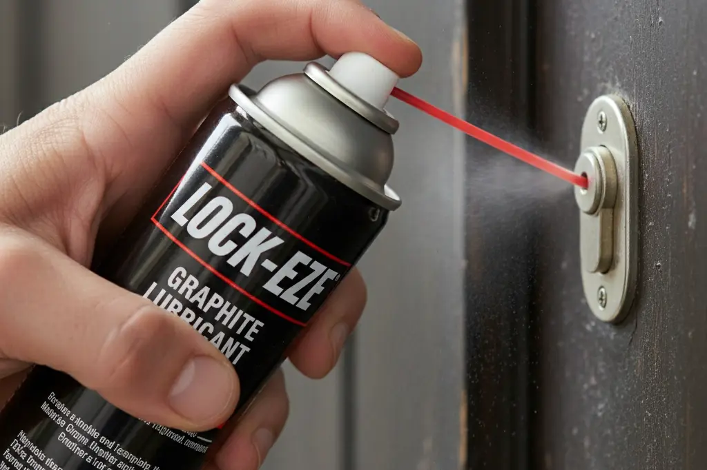 دستی در حال استفاده از اسپری روان کننده گرافیت مخصوص برای رفع مشکل گیر کردن کلید در قفل.