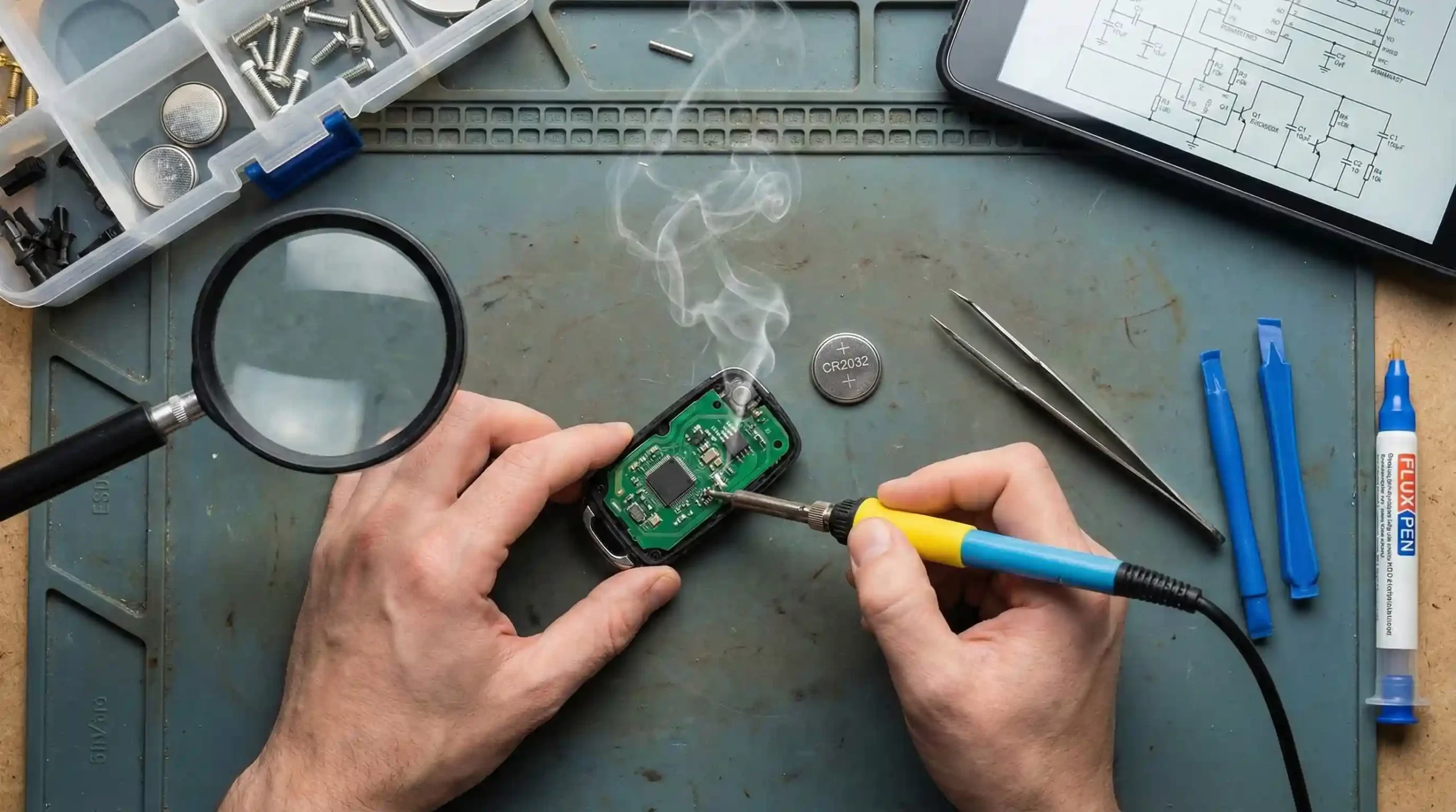 تعمیر برد الکترونیکی، تعویض قاب و باتری ریموت ماشین.