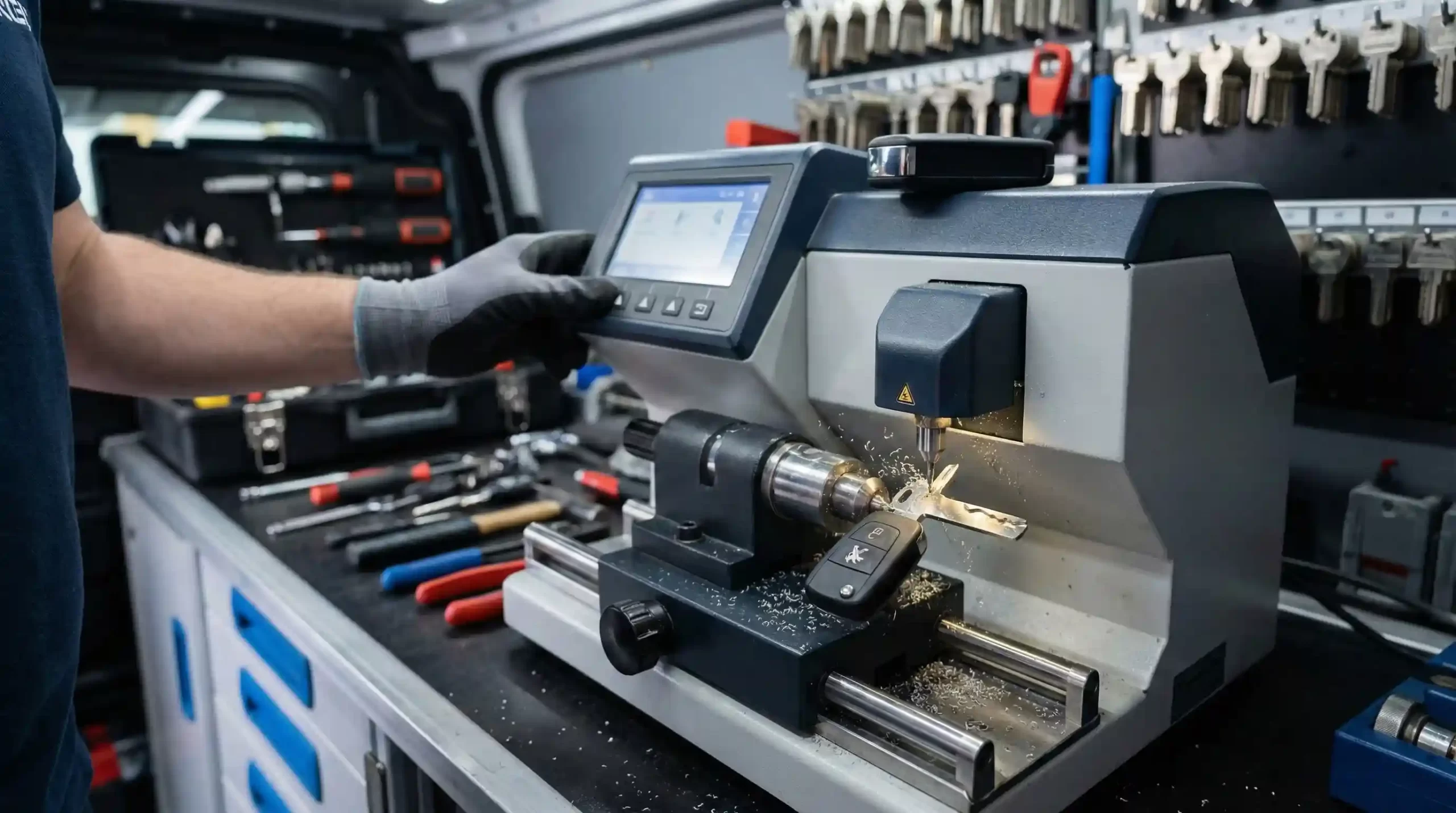 تراش تیغه کلید ۲۰۶ با دستگاه تمام اتوماتیک CNC در واحد سیار کلیدسازی.