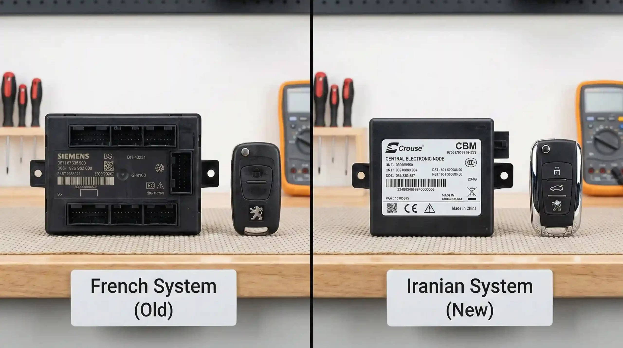 مقایسه سیستم برق و ریموت پژو ۲۰۶ فرانسوی (قدیم) با سیستم ایرانیزه اکوماکس (جدید).