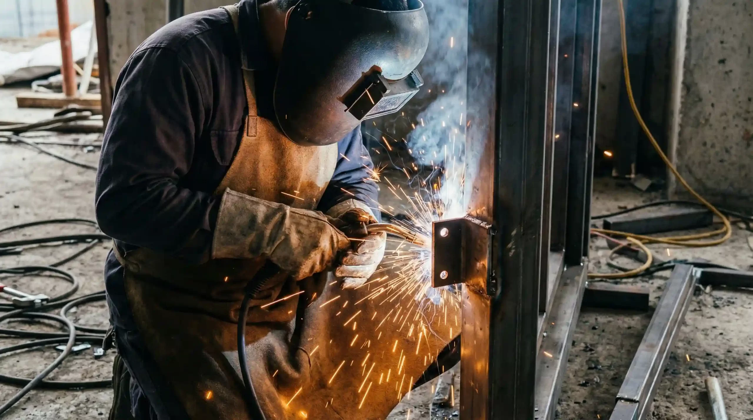 جوشکاری پایه قفل برقی روی درب پارکینگ توسط نصاب حرفه‌ای.