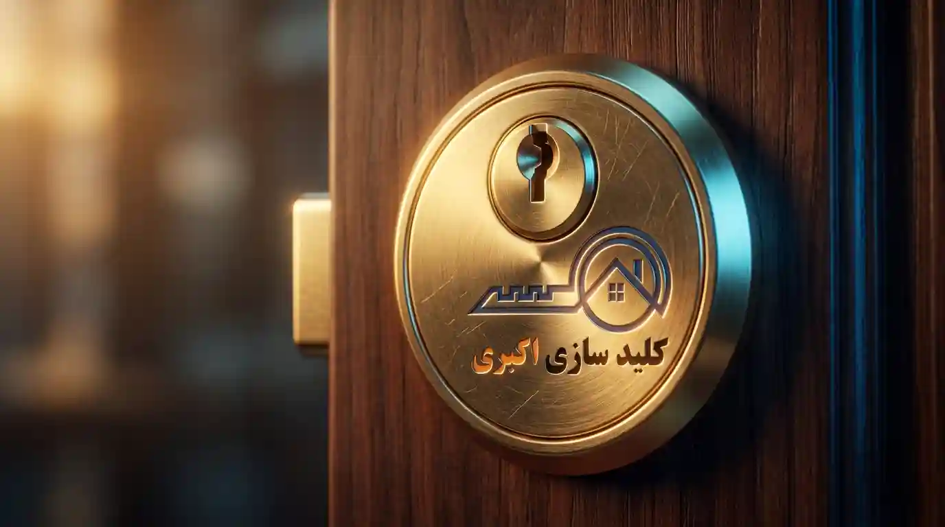 نمای نزدیک و سینمایی از بهترین مغزی قفل ضد سرقت طلایی رنگ روی درب چوبی لوکس با نورپردازی دراماتیک