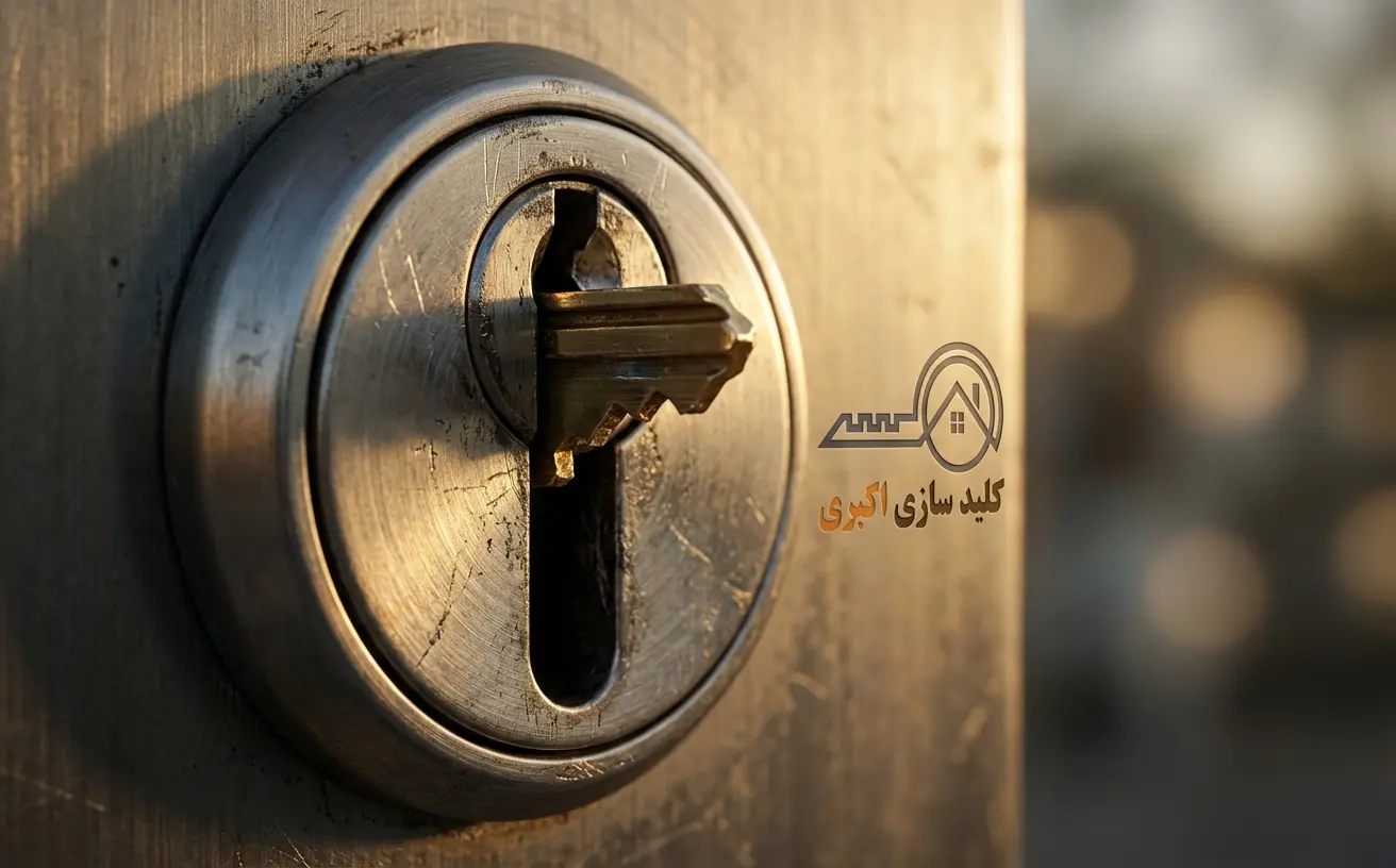 نمای نزدیک و با کیفیت از کلید شکسته شده داخل قفل درب ضد سرقت با نورپردازی طلایی.