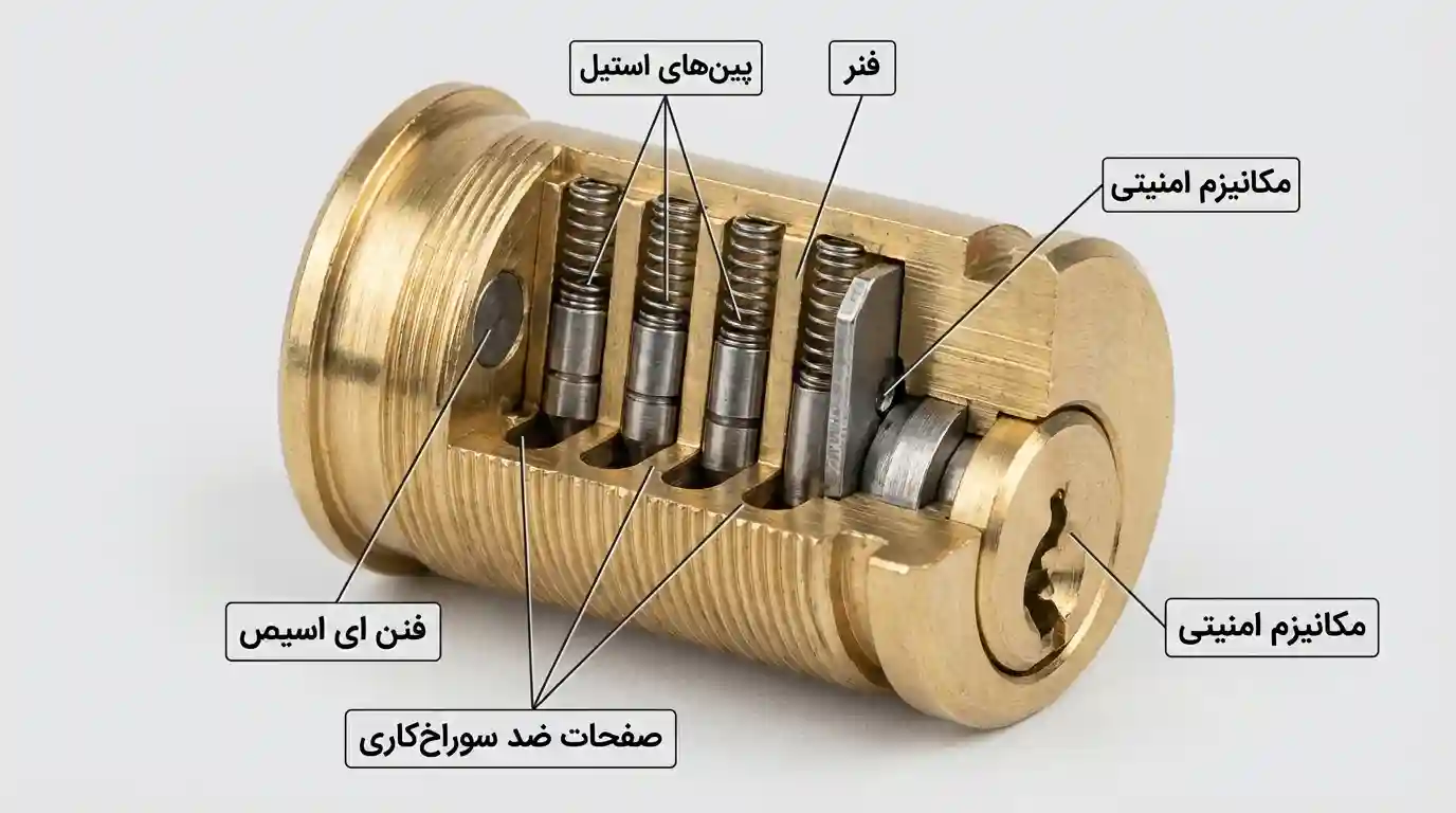 تصویر برش خورده و آموزشی از اجزای داخلی مغزی قفل و پینهای فولادی ضد سرقت