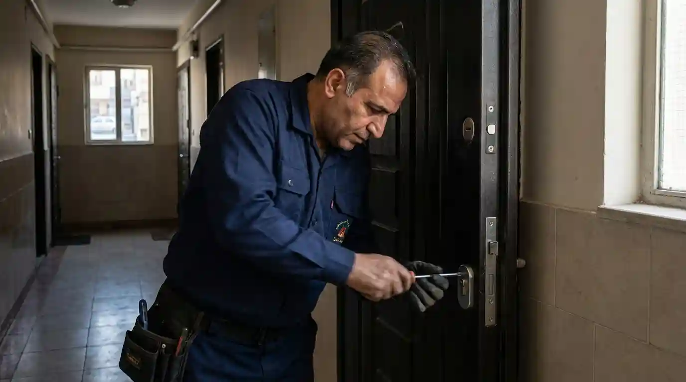 متخصص کلیدسازی در حال نصب و تنظیم مغزی قفل روی درب ضد سرقت با پیچ گوشتی