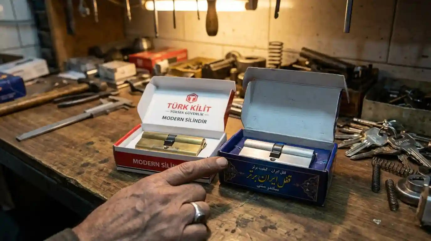 مقایسه دو مدل جعبه و مغزی قفل ترک و ایرانی روی میز ابزار کلیدسازی